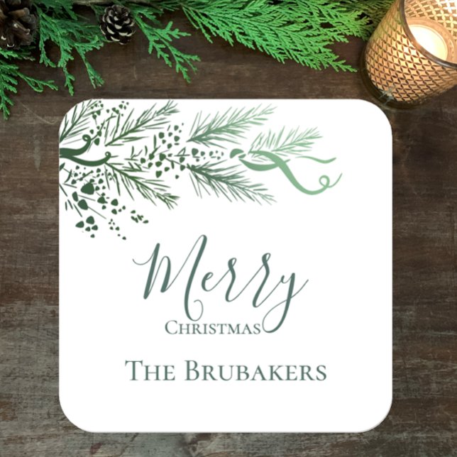 Personalisiert Modern Simple Greenerity Weihnachte Quadratischer Aufkleber (Personalize this unique pine and berries greenery Merry Christmas holiday sticker. Original simple.)