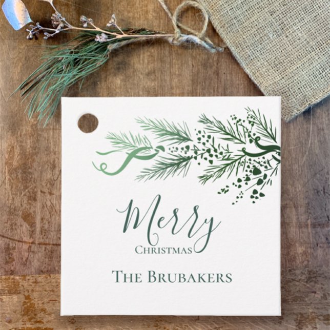 Personalisiert Modern Simple Greenery Weihnachtsge Geschenkanhänger (Personalize this sage pine original Merry Christmas holiday gift tag, botanical unique stylish.)