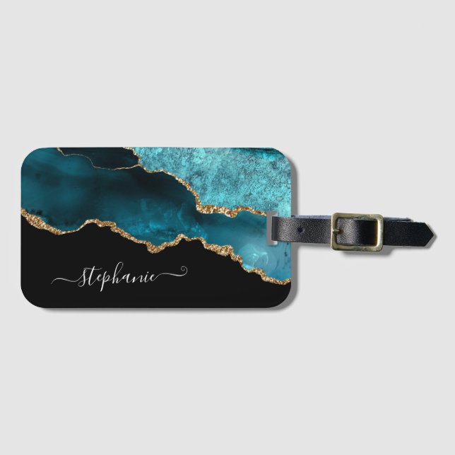Personalisiert Modernes Aquamarines Agate Watercol Gepäckanhänger (Vorderseite (Horizontal))