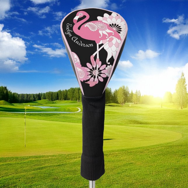 Personalisiert-Modernes Schwarzes Paisley Pink Fla Golf Headcover (Von Creator hochgeladen)