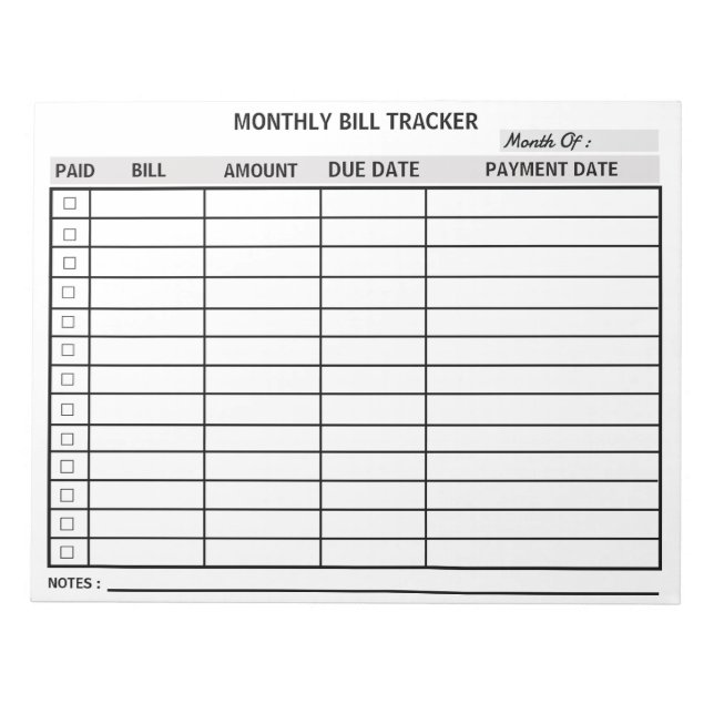 Personalisiert monatlicher Bill Tracker Notizblock (Vorderseite)