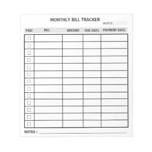 Personalisiert monatlicher Bill Tracker Notizblock