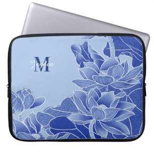 Personalisiert Monogram Blue Flowers Lotus Mandala Laptopschutzhülle