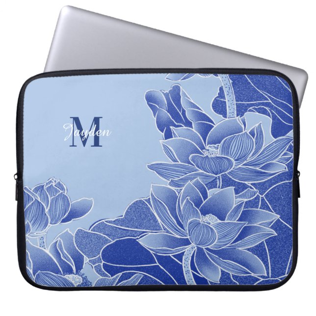 Personalisiert Monogram Blue Flowers Lotus Mandala Laptopschutzhülle (Vorderseite)