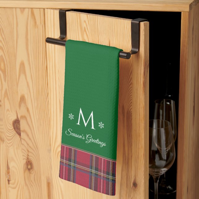 Personalisiert Monogram Red Tartan Green Christmas Geschirrtuch (Drittel gefaltet)