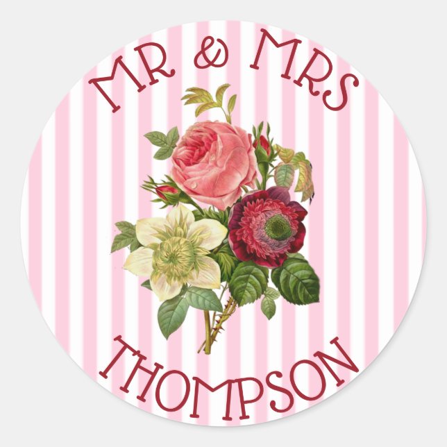 Personalisiert Mr. & Mrs. Rose Floral Chic Sticker (Vorderseite)