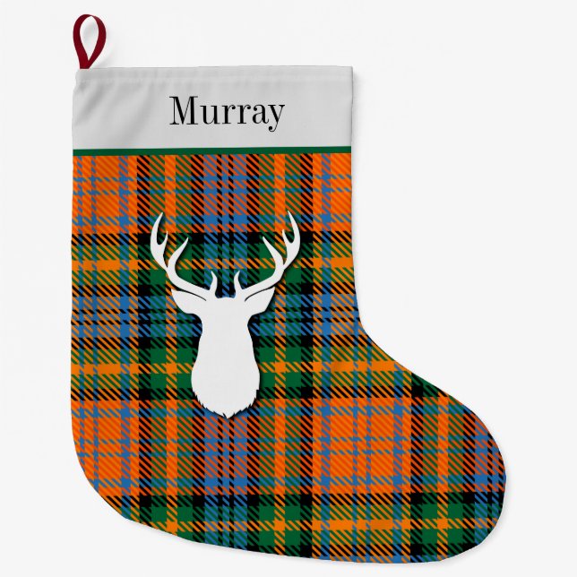 Personalisiert Muray Tartan Green Orange Kariert Großer Weihnachtsstrumpf (Vorderseite)