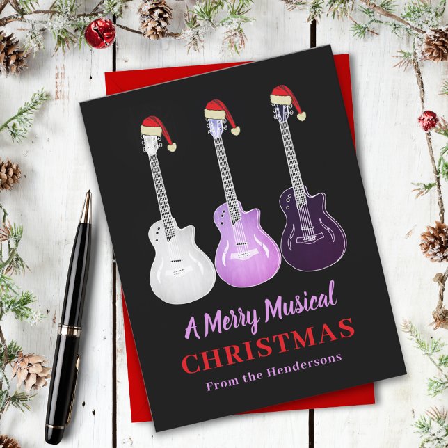 Personalisiert Music Lovers Weihnachten (Personalized music lovers merry christmas Funny pink guitars wearing Santa hats holiday card)