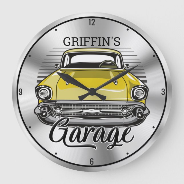 Personalisiert NAME American Classic Car Garage Große Wanduhr (Vorderseite)