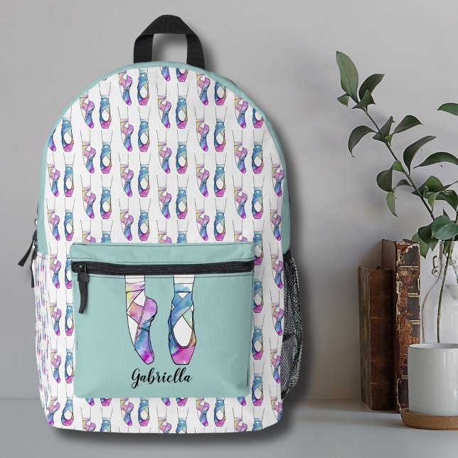 Personalisiert Name Ballet Bedruckter Rucksack (Cute Blue Pink Ballerina Shoes Watercolor Ballet Printed Backpack)