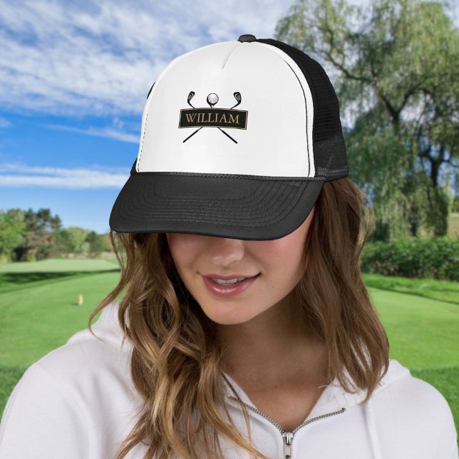 Personalisiert Name Black Gold Golf Ball und Clubs Truckerkappe (Personalized Name Black Gold Golf Ball And Clubs Trucker Hat)