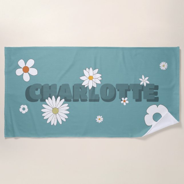 Personalisiert Name Blue Retro Style Blume Strandtuch (Vorderseite)