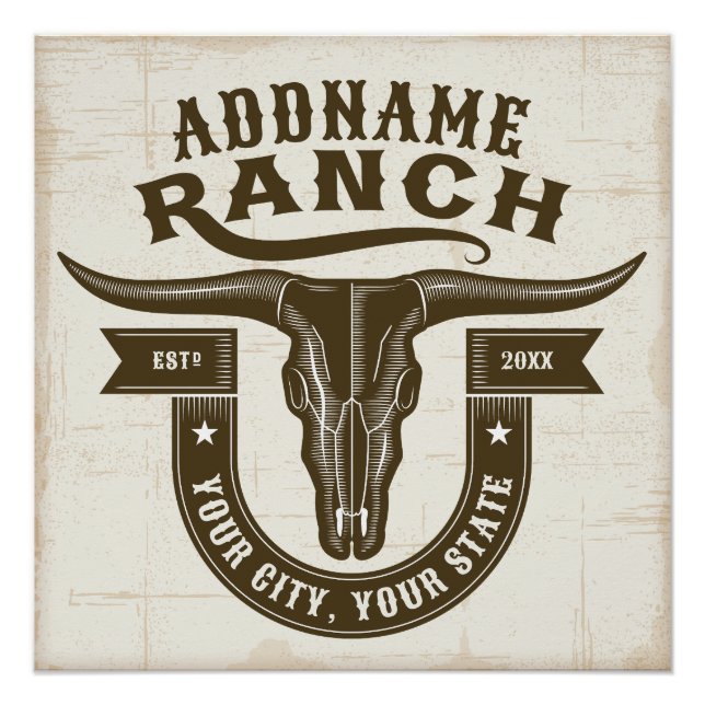 Personalisiert NAME Bull Steer Skull Western Ranch Poster (Vorderseite)