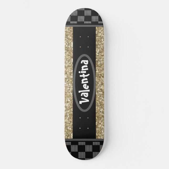Personalisiert Name Chessboard Stilvolle Goldglitt Skateboard (Vorderseite)