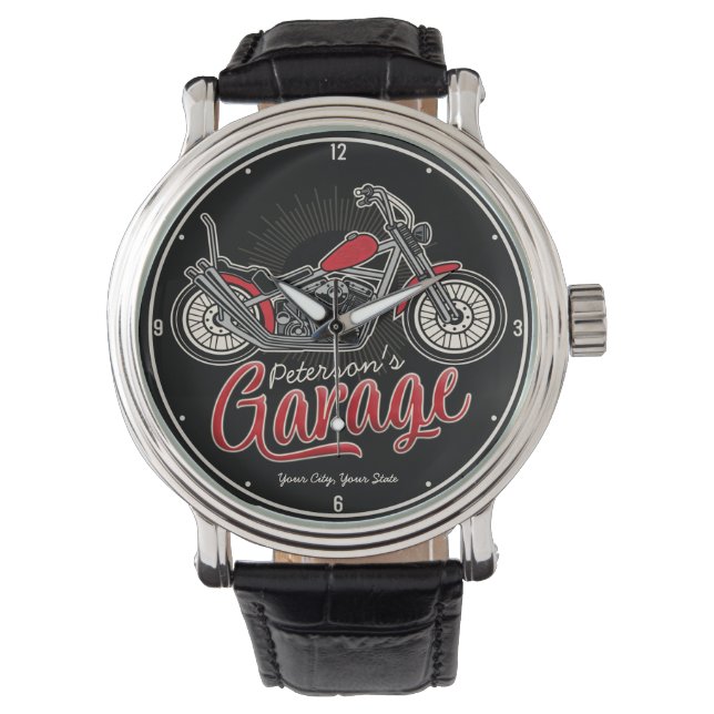 Personalisiert NAME Classic Biker Motorradgarage Armbanduhr (Vorderseite)