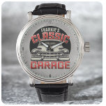 Personalisiert NAME Classic Car Garage Custom Shop Armbanduhr<br><div class="desc">Personalisieren Sie dieses wirklich einzigartige Retro-Vintage amerikanische Classic Car Caddy Leadslead Custom Gift. Perfekte Ergänzung zu Ihrem Retro-Mansardendekor! Passen Sie Ihren Namen oder Ihren benutzerdefinierten Text an! Der coole Vintage Retro-Look...  Rockabilly Frisierte Auto Hotrod Kustom Cruiser Lowrider</div>