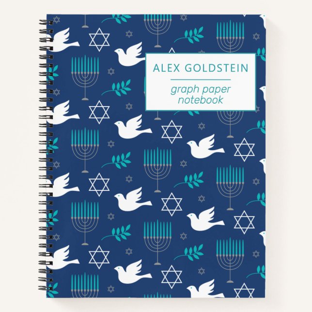 Personalisiert Name Dove Blue Menorah Hanukkah Notizbuch (Vorderseite)