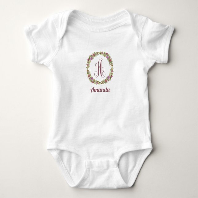 Personalisiert Name Floral Monogramm A Baby Strampler (Vorderseite)