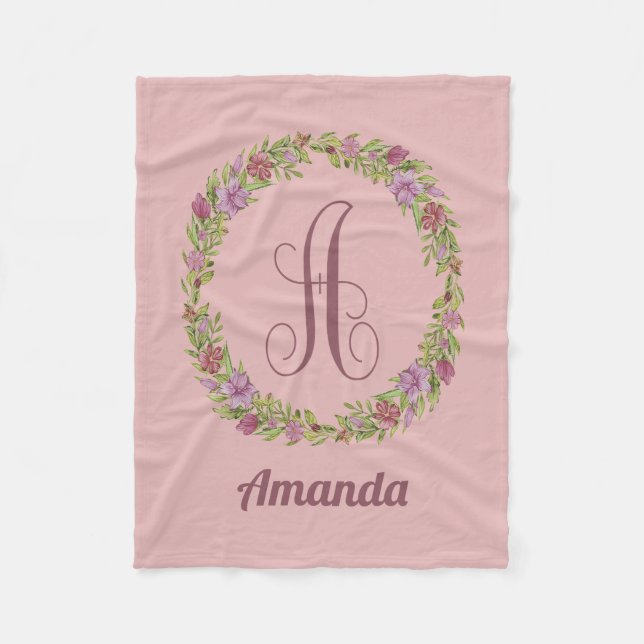 Personalisiert Name Floral Wreath Monogramm A Fleecedecke (Vorderseite)