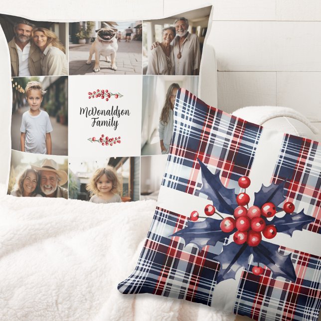 Personalisiert Name Foto Holiday Vintag Red Blue Kissen (Personalized Name Photo Holiday Vintage Red Blue white Throw Pillow  christmas custom farmhouse lux)