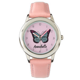 Personalisiert Name Glitzern Butterfly Pink Kinder Armbanduhr