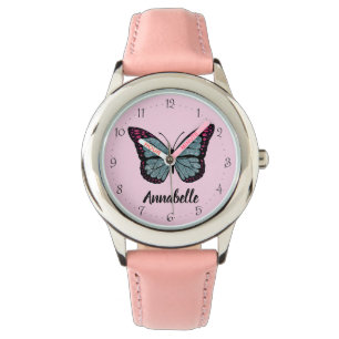 Personalisiert Name Glitzern Butterfly Pink Kinder Armbanduhr