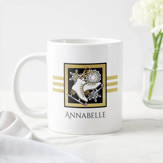 Personalisiert Name Gold Schwarz-weiß Ice Skaten Jumbo-Tasse (Von Creator hochgeladen)