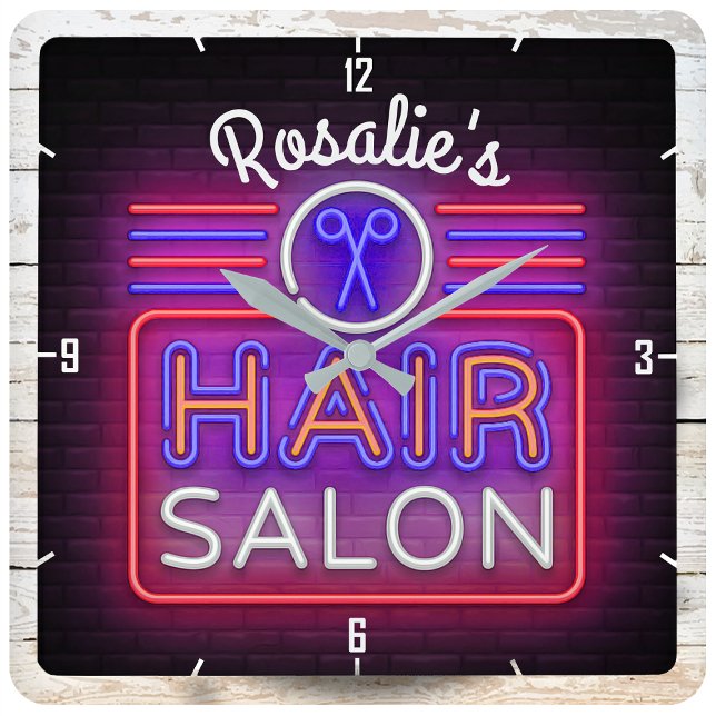 Personalisiert NAME Hair Salon Stylist Neon Style Quadratische Wanduhr (Von Creator hochgeladen)