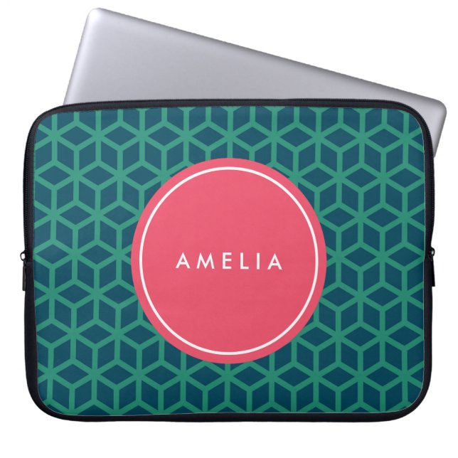 Personalisiert Name Monogram Geometric Aquamarin Laptopschutzhülle (Vorderseite)