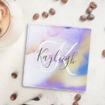 Personalisiert Name Monogram Lila Watercolor Luxe Glasuntersetzer<br><div class="desc">Diese abstrakte lila Aquarellfarbe und das goldene Imitat bespritzen den Hintergrund mit Ihren individuellen Details.</div>