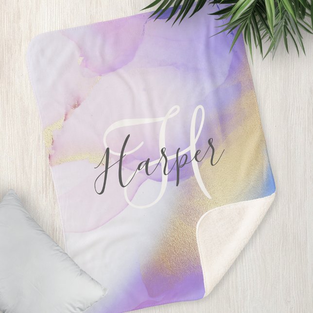 Personalisiert Name Monogram Lila Watercolor Luxe Sherpadecke (Von Creator hochgeladen)