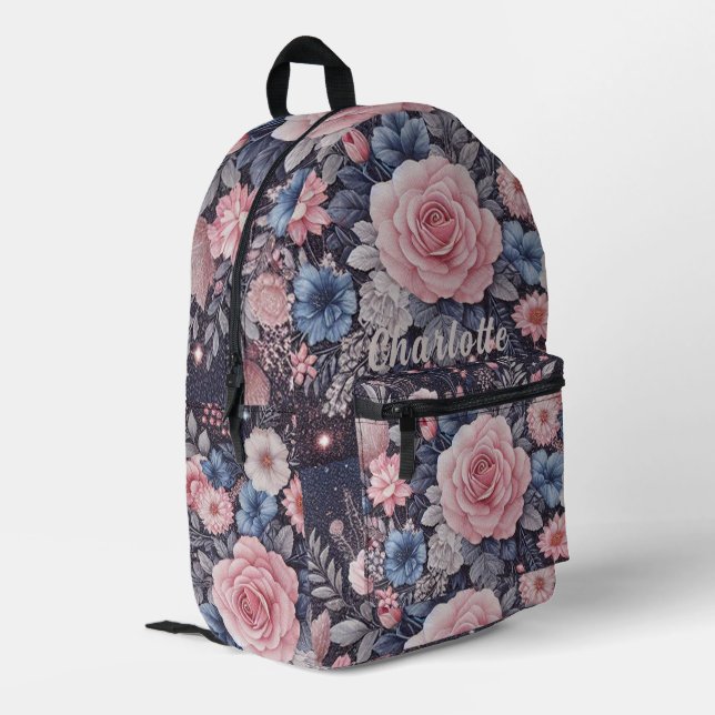 Personalisiert Name Navy Blue Pink Glitzer Blume Bedruckter Rucksack (Rückseitige Ecke links)