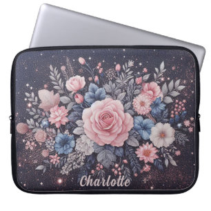 Personalisiert Name Navy Blue Pink Glitzer Blume Laptopschutzhülle
