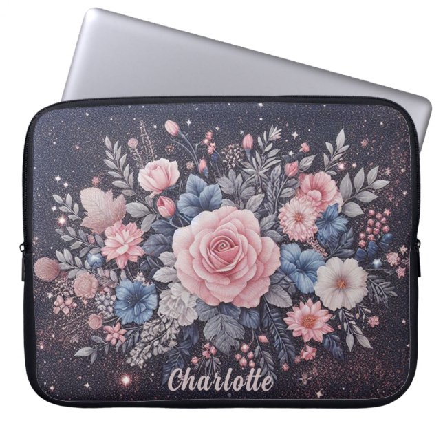 Personalisiert Name Navy Blue Pink Glitzer Blume Laptopschutzhülle (Vorderseite)