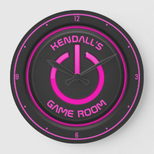 Personalisiert NAME Neon Power Button Spielezeiche Große Wanduhr