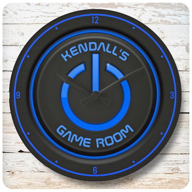 Personalisiert NAME Neon Power Button Spielezeiche Große Wanduhr (Von Creator hochgeladen)