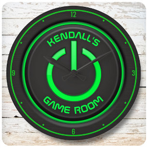 Personalisiert NAME Neon Power Button Spielezeiche Große Wanduhr