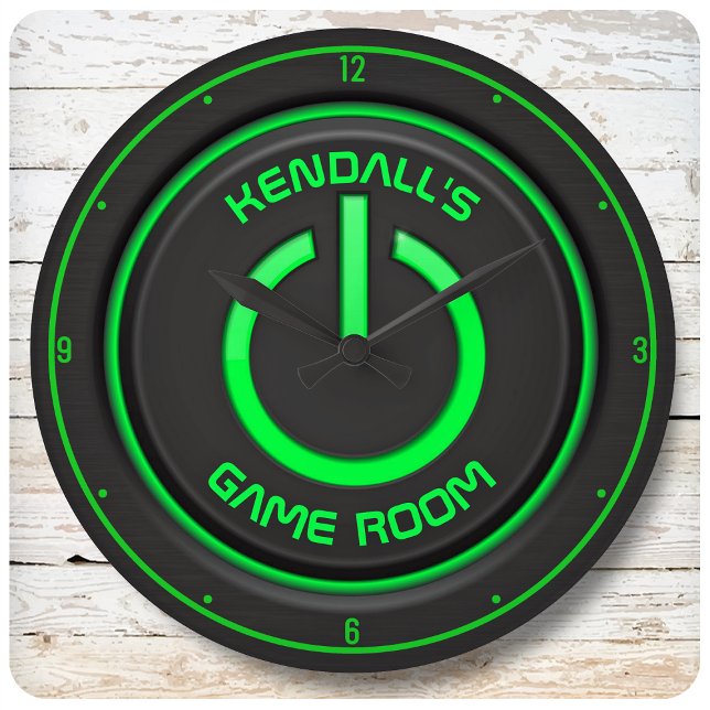 Personalisiert NAME Neon Power Button Spielezeiche Große Wanduhr (Von Creator hochgeladen)