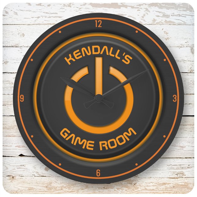 Personalisiert NAME Neon Power Button Spielezeiche Große Wanduhr (Von Creator hochgeladen)