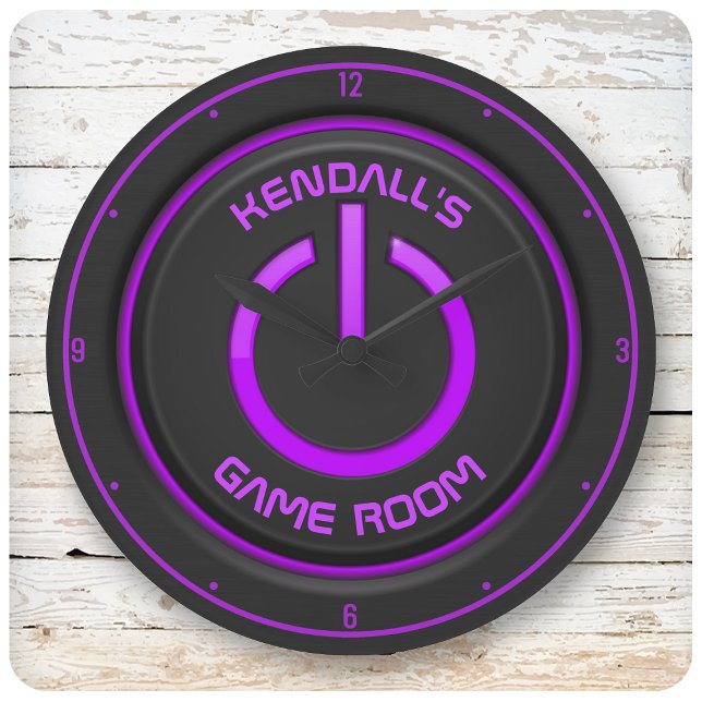 Personalisiert NAME Neon Power Button Spielezeiche Große Wanduhr (Von Creator hochgeladen)