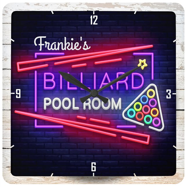 Personalisiert NAME Neon Style Billiards Billardti Quadratische Wanduhr (Von Creator hochgeladen)