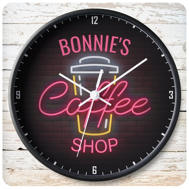 Personalisiert NAME Neon Style Coffee Shop Custom Große Wanduhr (Von Creator hochgeladen)