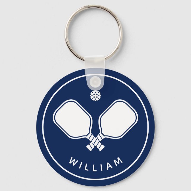 Personalisiert Name Pickleball Navy Blue & White Schlüsselanhänger (Vorderseite)