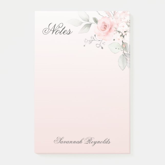 Personalisiert Name PINK FLORAL ROSE Notepad Post-it Klebezettel (Vorderseite)