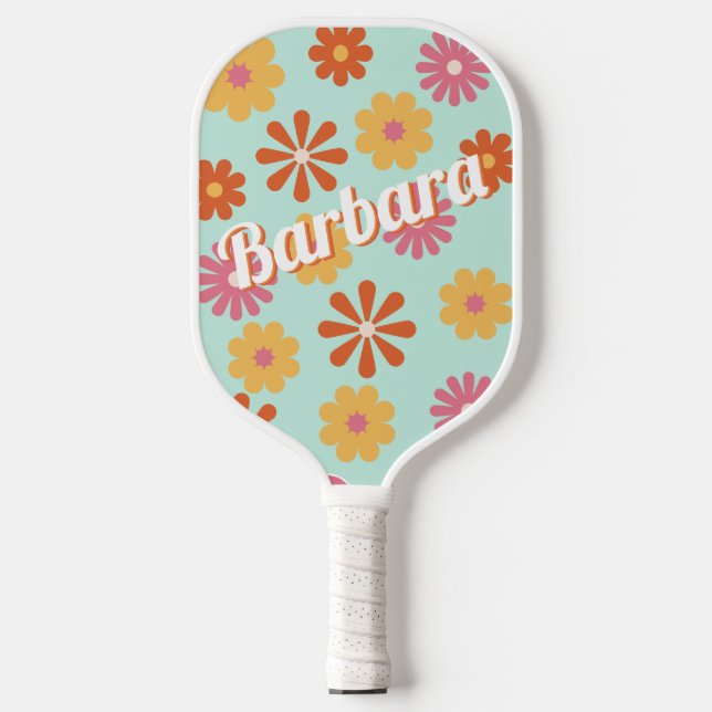 Personalisiert Name Retro Blume Power Pickleball Schläger (Vorderseite)