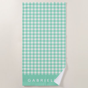Personalisiert Name Retro Mint Green Gingham Karie Strandtuch