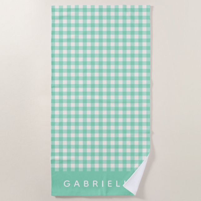 Personalisiert Name Retro Mint Green Gingham Karie Strandtuch (Vorderseite)