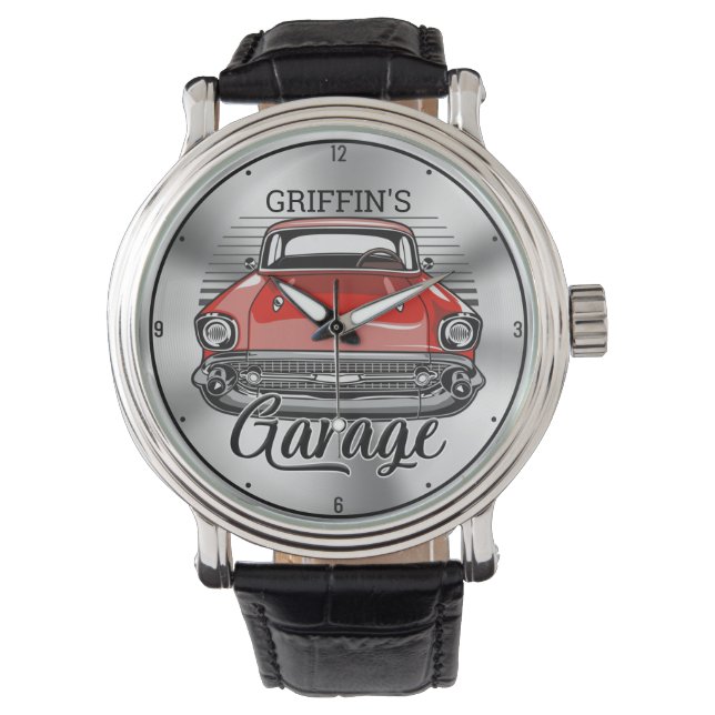 Personalisiert NAME Retro Red Classic Autogarage Armbanduhr (Vorderseite)