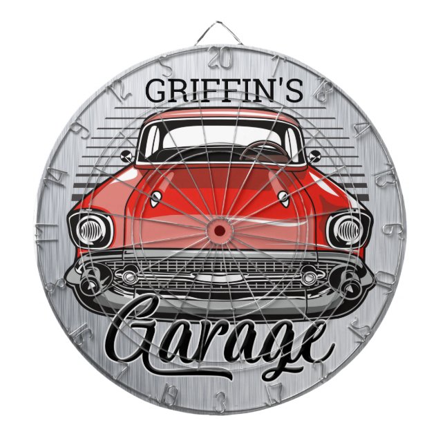 Personalisiert NAME Retro Red Classic Autogarage Dartscheibe (vorne)