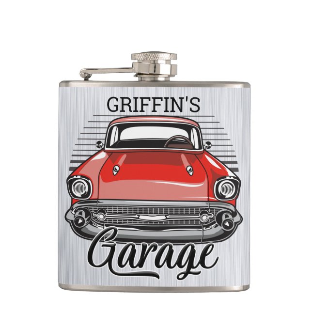Personalisiert NAME Retro Red Classic Autogarage Flachmann (Vorderseite)